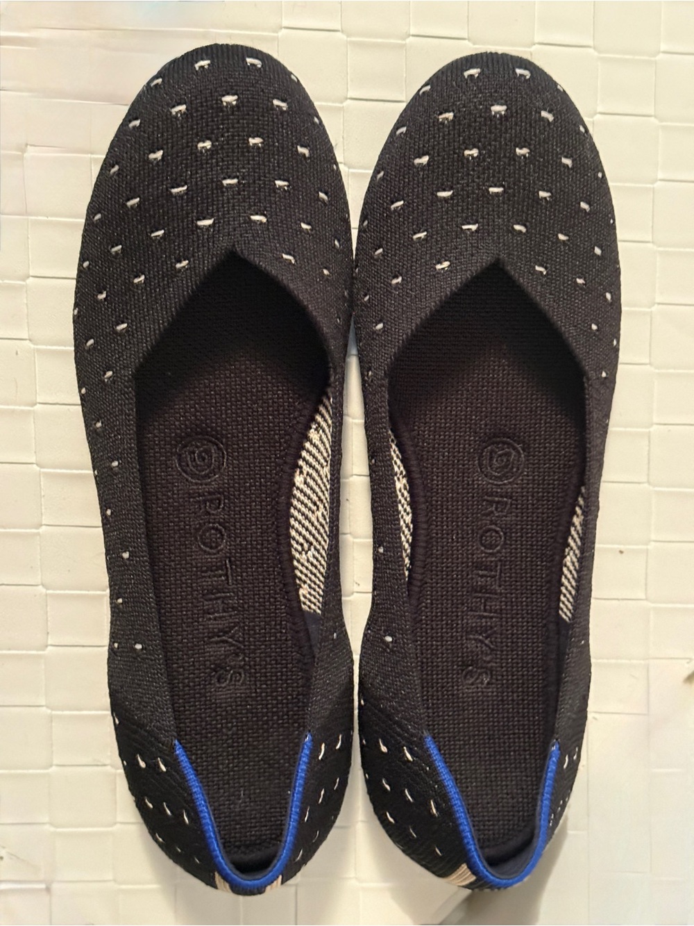 Rothy's The Flat Black Ivory Dot Round Toe Knit Ballet Flats Size 7